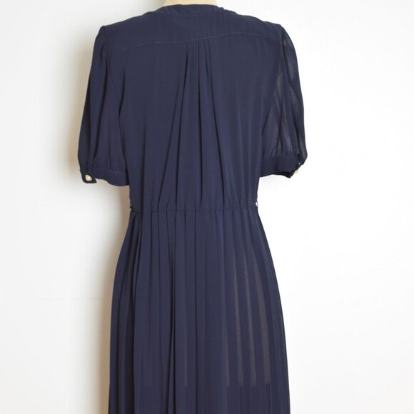 vintage 80s dress navy blue pleated bow military secretary midi tea dress M - Picture 8 of 9
